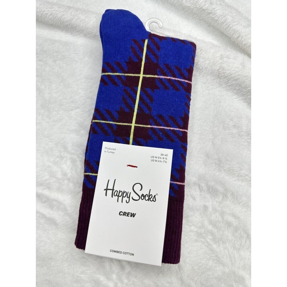 Happy Socks Crew Socks 36-40 Purple Blue Plaid Pattern Combed Cotton New